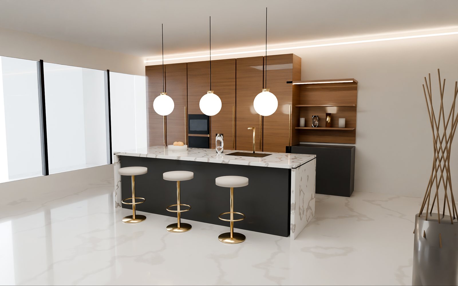 Luxury walnut kitchen cabinets with marble waterfall island and brass fittings, Dubai
